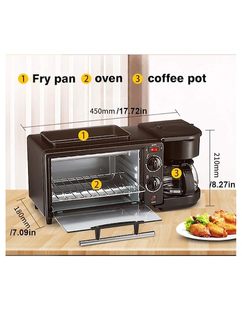 3 in 1 Electric Mini Oven Toaster Multi Function Breakfast Station Coffeemaker Non Stick Frying Pan Toaster Oven Black