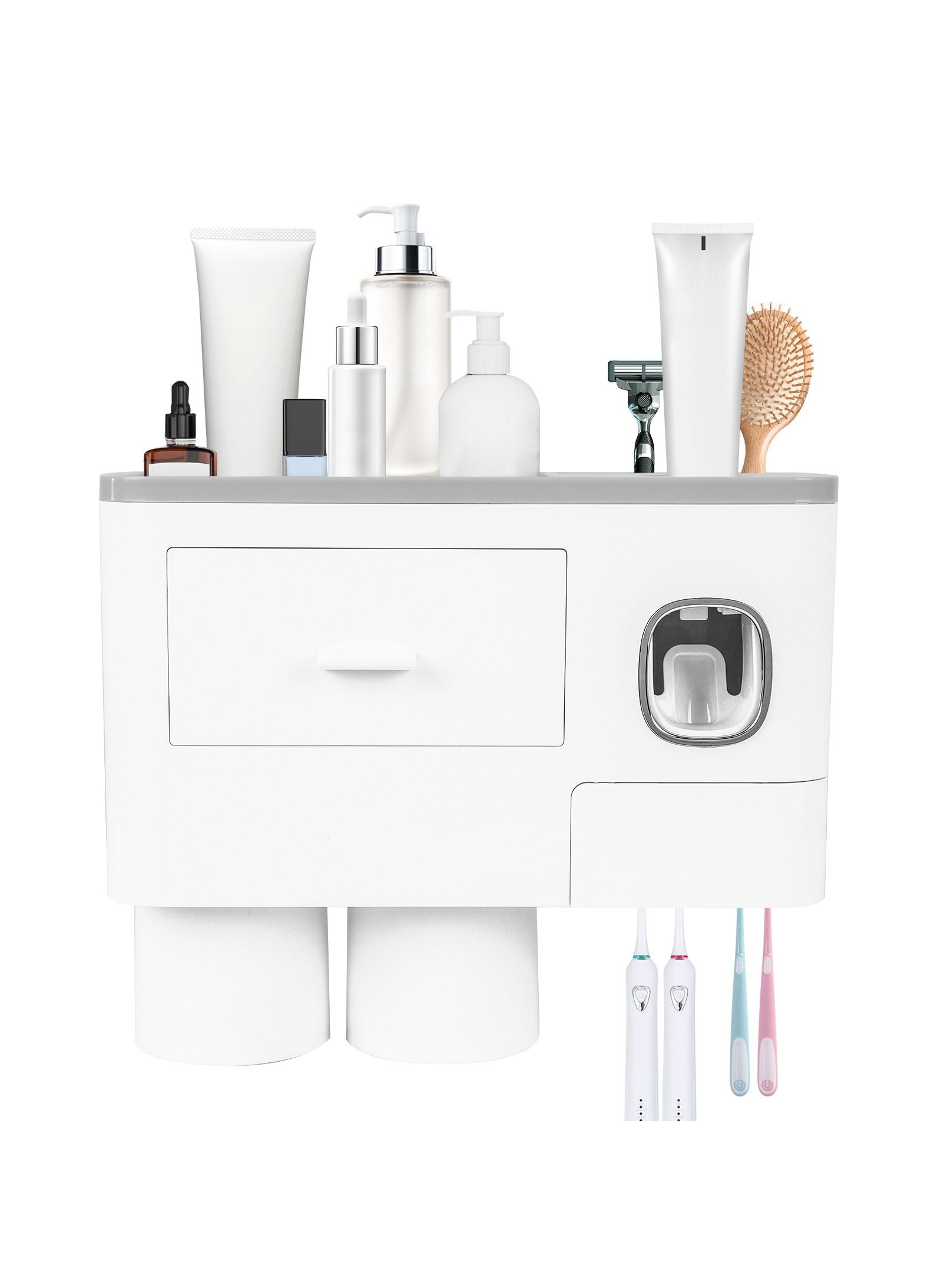 Thumbnail image for Sky-Touch 2 Cups Wall Mounted Toothbrush Holder, Multipurpose Space-Saving Holder With Drawer For Cosmetics Organizer For Washroom And Bathroom Grey