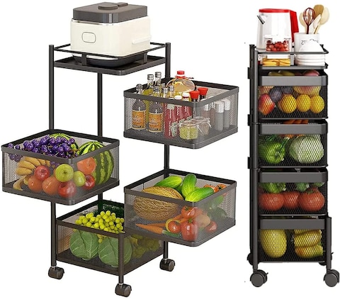 Ibingo 360&deg; Kitchen Rotating Vegetable Rack, Movable Floor-Standing 4 Layers Kitchen Storage Rack Trolleys, Household Storage Shelf With Hollow Mesh Basket