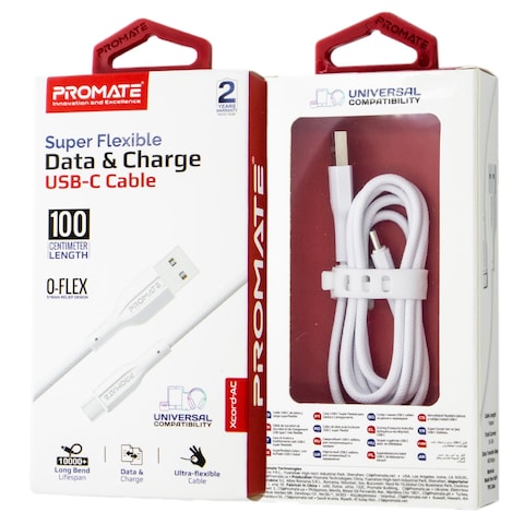 Promate XCORD-AC.WHITE Super Flexible Data and Charge USB-C Cable 1 Meter