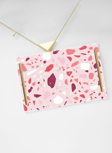 Lowha Decorative Acrylic Serving Tray With Gold Metal Handles And Terrazzo Design 20x30 cm