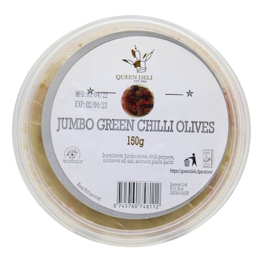 Queen Deli Jumbo Gr Chil Olives 150G