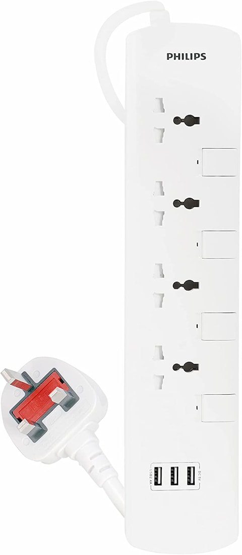 Philips 4-Way Extension Socket With 3 USB Port 2m