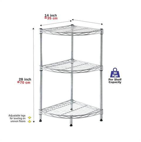 Cameltough - Corner Wire Rack 3 Shelf Chrome - 35 x 70 x 35 cm - HTC-WR610