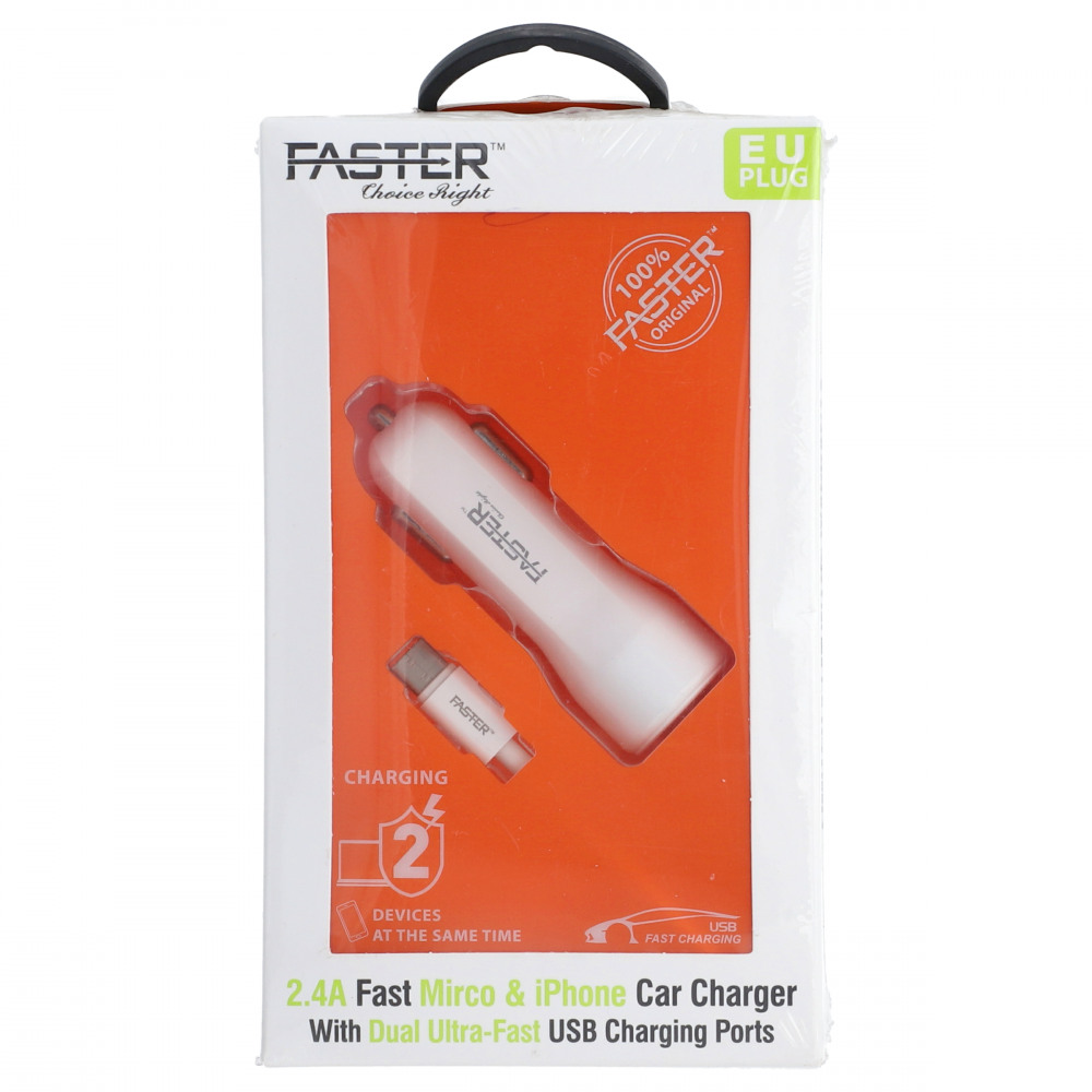 Faster 2.4A Fast Micro &amp; Iphone Car Charger with dual Ultra-Fast USB Charging Ports White