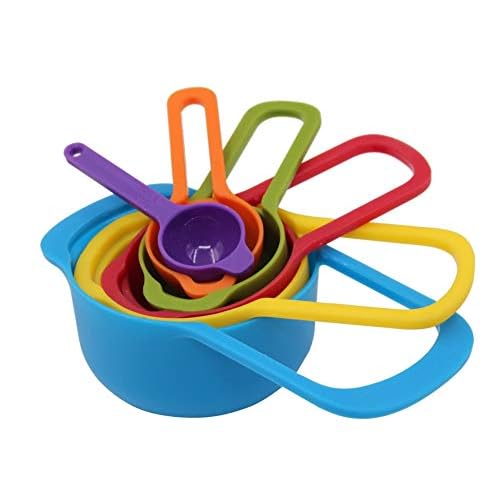 6 Pcs of Plastic Measuring Cups and Spoons Set. Stackable, Space Saving, Multi color Design.