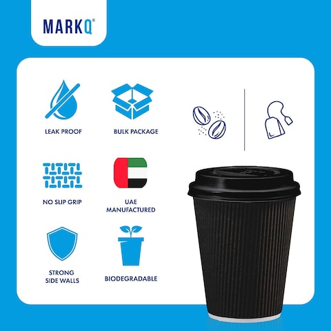 Markq [50 Sets] 8 oz. Black Disposable Coffee Cups with Lids - Triple Wall Ripple Paper Cups for Hot &amp; Cold Drinks