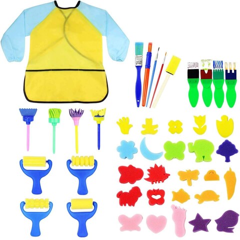 Doreen Kids Early Learning Sponge Painting Brushes Kit, 42 Pieces Sponge Drawing Shapes Paint Craft Brushes for Toddlers Assorted Pattern, Including Children Waterproof Art Painting