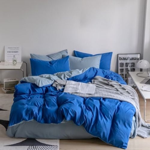 Luna Home-Premium Single Size Korean Reversible Bedding Set, Plain Grey and Blue Color.