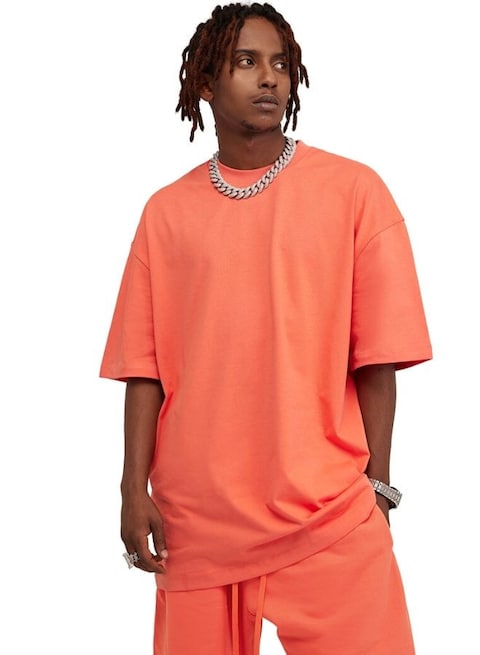 Mei Stylish Men&#39;s Casual Breathable Loose Shoulder Oversize Crew Neck T-shirt, L Size, Orange