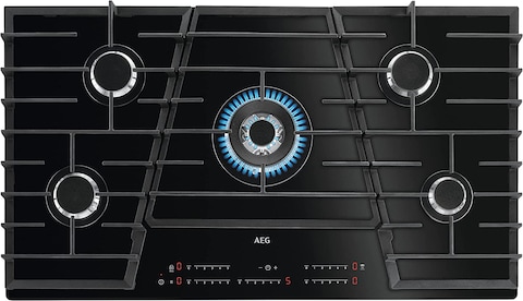 AEG Gas Hob Built-In, 90cm, 5 Burner, Glass Finish, Touch Control, HVB95450IB, Made In Italy (1 Year Warranty)