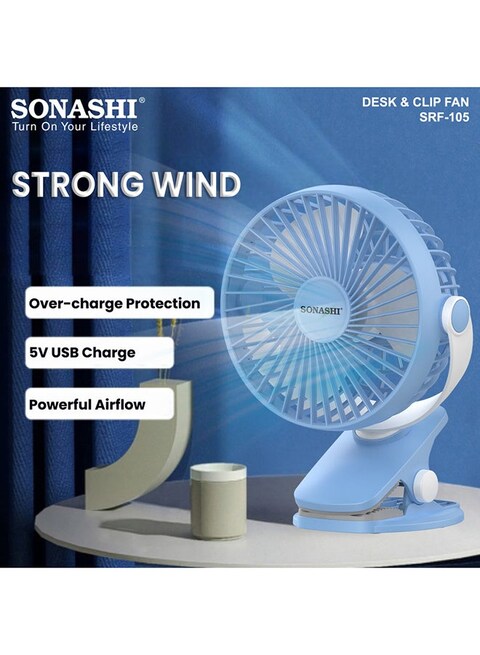 Sonashi 5 Inch 2 In 1 Desk &amp; Clip Fan With 360&deg;D Rotating Function SRF-105 Blue