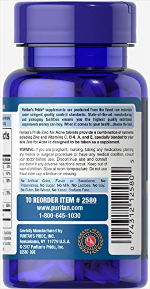 Zinc for Acne by Puritan&#39;s Pride a Mineral for Immune Sytem Health 100 Tablets