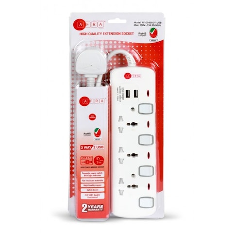 AFRA Universal Extension Cord, 3Way 2USB 3M, Plastic Housing, Shock Proof, 250V, ESMA, Certified, G-mark Approved, AF-004EXGY-USB With 2 Years Warranty