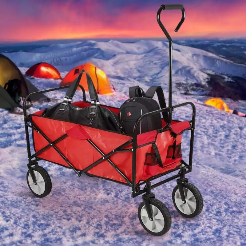 Folding Camping Cart Wagon - 4 Wheel Collapsible Beach Trolley, Portable Garden Camping Picnic &amp; DIY Waste Wagon Adjustable Rotary Handle - BLACK - RED - BLUE - GREEN (RED)