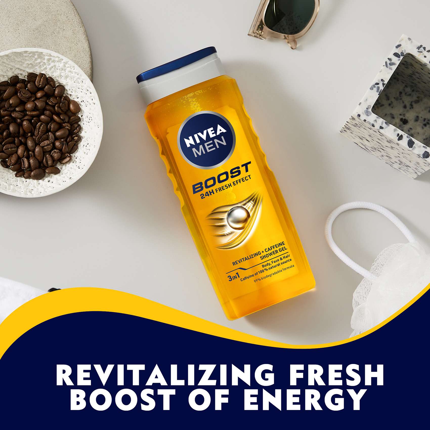 NIVEA MEN 3in1 Shower Gel Body Wash Boost 24h Energy Caffeine and Biodegradable Formula 250ml