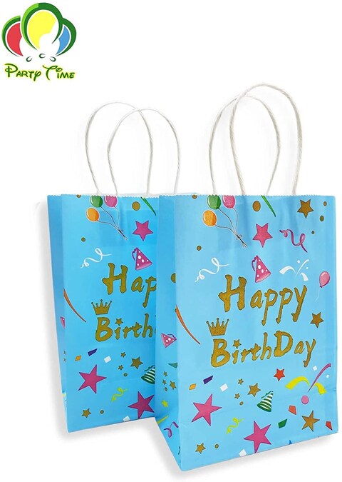 Party Time 12pcs Blue Happy Birthday Kraft Bags for Blue Theme Party Supplies, Birthday Gift Bags, Souvenier Bags, Candy Bags with Handle for Party Favors - Birthday Party Supplies