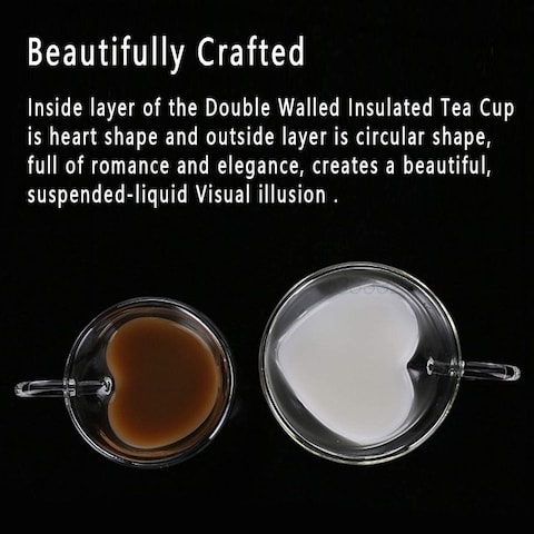 1CHASE&reg; Heart Shaped Double Wall &quot;Love&quot; Printed Glass Mug with Handle for Juice Wine Tea Coffee, Breakfast Cup Cocktail Mug for everyday use, 180 ML ,2Pcs Set.