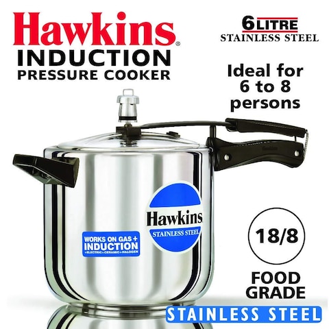 Hawkins  Stainless Steel Induction Compatible Base Pressure Cooker, 6 Litres, Silver