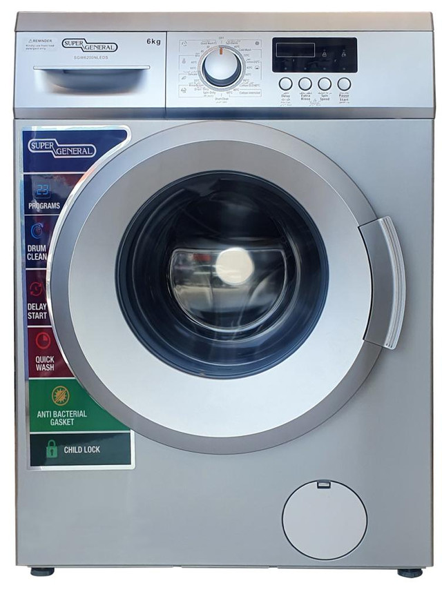 Super General 6Kg 1000 RPM, 23 Programs Front Loading Washing Machine, Silver, SGW6200NLEDS