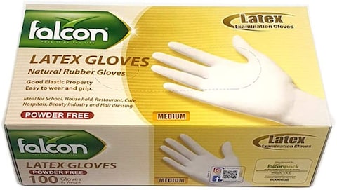 Falcon Latex Gloves, Powder Free, Medium (1 Pack X 100 Pieces)