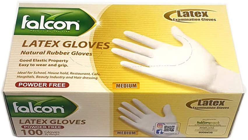 Falcon Latex Gloves, Powder Free, Medium (1 Pack X 100 Pieces)