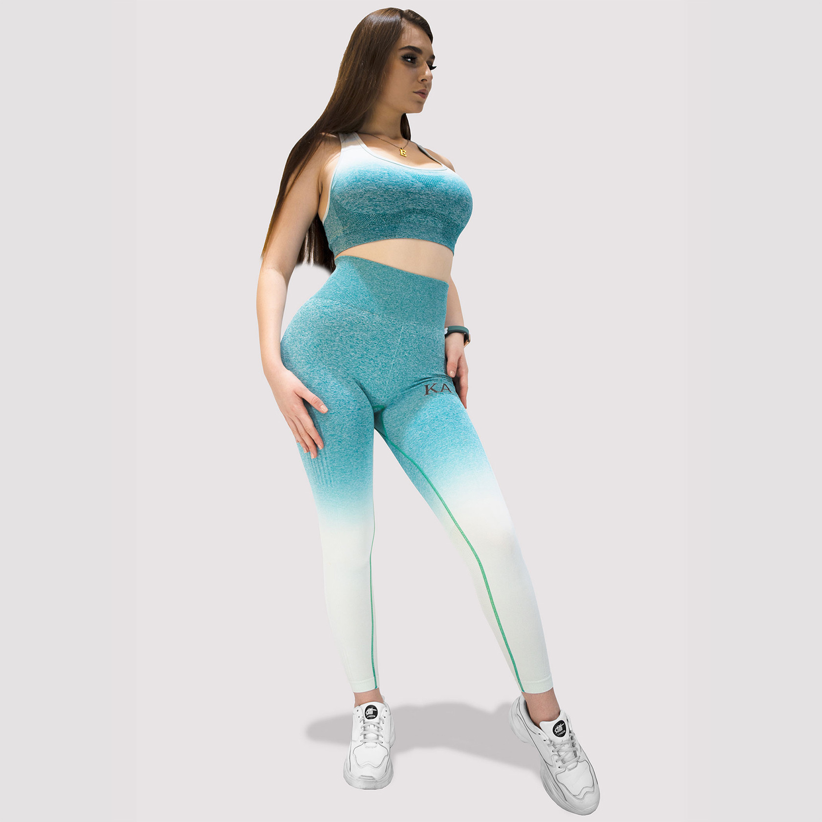 Kidwala 2 Pieces Armour Set - High Waisted Seamless Leggings with Sports half Sleeves Top Workout Gym Yoga Ombre color Outfit for Women (Small, white &amp; Teal)