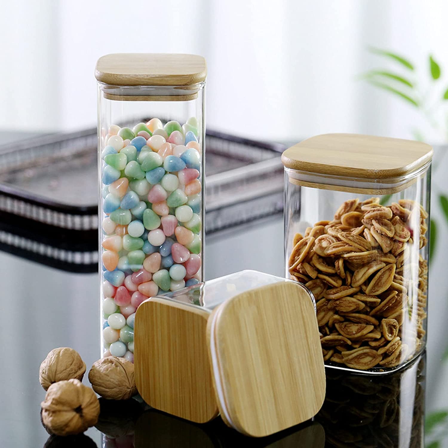 1CHASE&reg; Square Glass Storage Jar with Air tight Bamboo Lid, Borosilicate Kitchen Food Storage Container Set for Candy Cookie Rice Sugar Flour Pasta Nuts, Set of 2Pcs 1800 ML