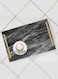 Lowha Decorative Acrylic Serving Tray With Gold Metal Handles And Marble Stone Design 20x30 cm