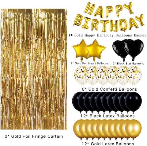 Party Time 49-Pieces Black and Gold Birthday Party Decorations Set with Happy Birthday Balloons Banner, Confetti Balloons, Foil Fringe Curtain for Birthday Party Supplies