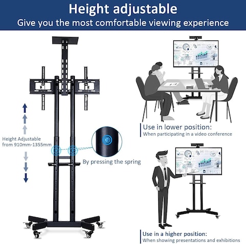 Mobile TV Stand Rolling TV Cart,Floor TV Stand Trolley for 32&rdquo; to 70&rdquo; LCD LED Flat Curved Screen Tilt Height Adjustable TV Stand Mounted with Wheels 2 Media...