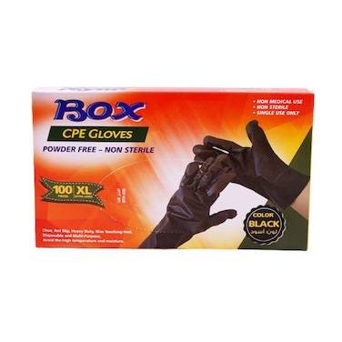 Box cpe gloves powder free non sterile 100 pices black  Xlarge