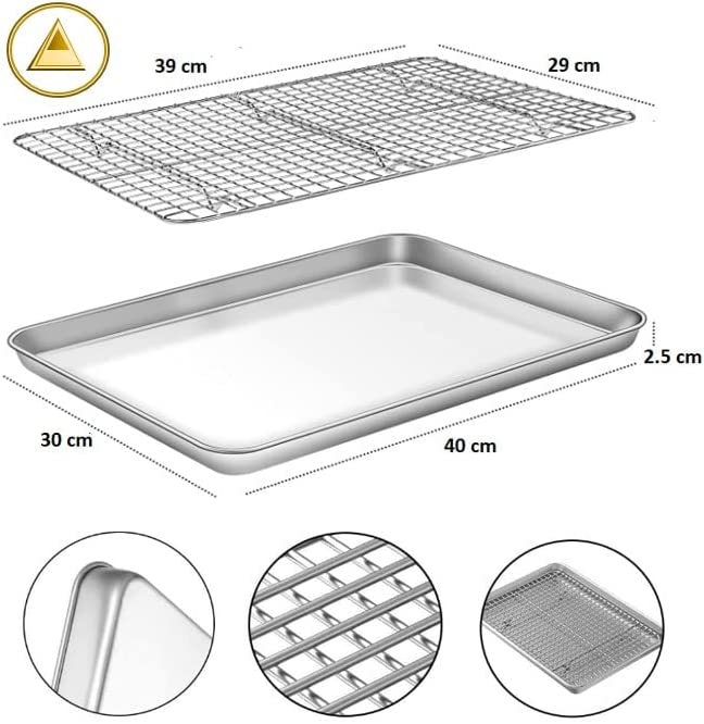 Baking Sheet Pan with Rack Set(2 Pans &amp; 2 Racks), Stainless Steel Cookie Sheets with Cooling Racks, Non-toxic &amp; Commercial Grade, Thick &amp; Rolled Rim, Rust-free &amp; Dishwasher Safe (40x30cm)