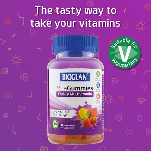 Bioglan Vitagummies, Family Multivitamin Supplement, Vegetarian Friendly, 3 Delicious Flavours, 60 Chewy Gummies