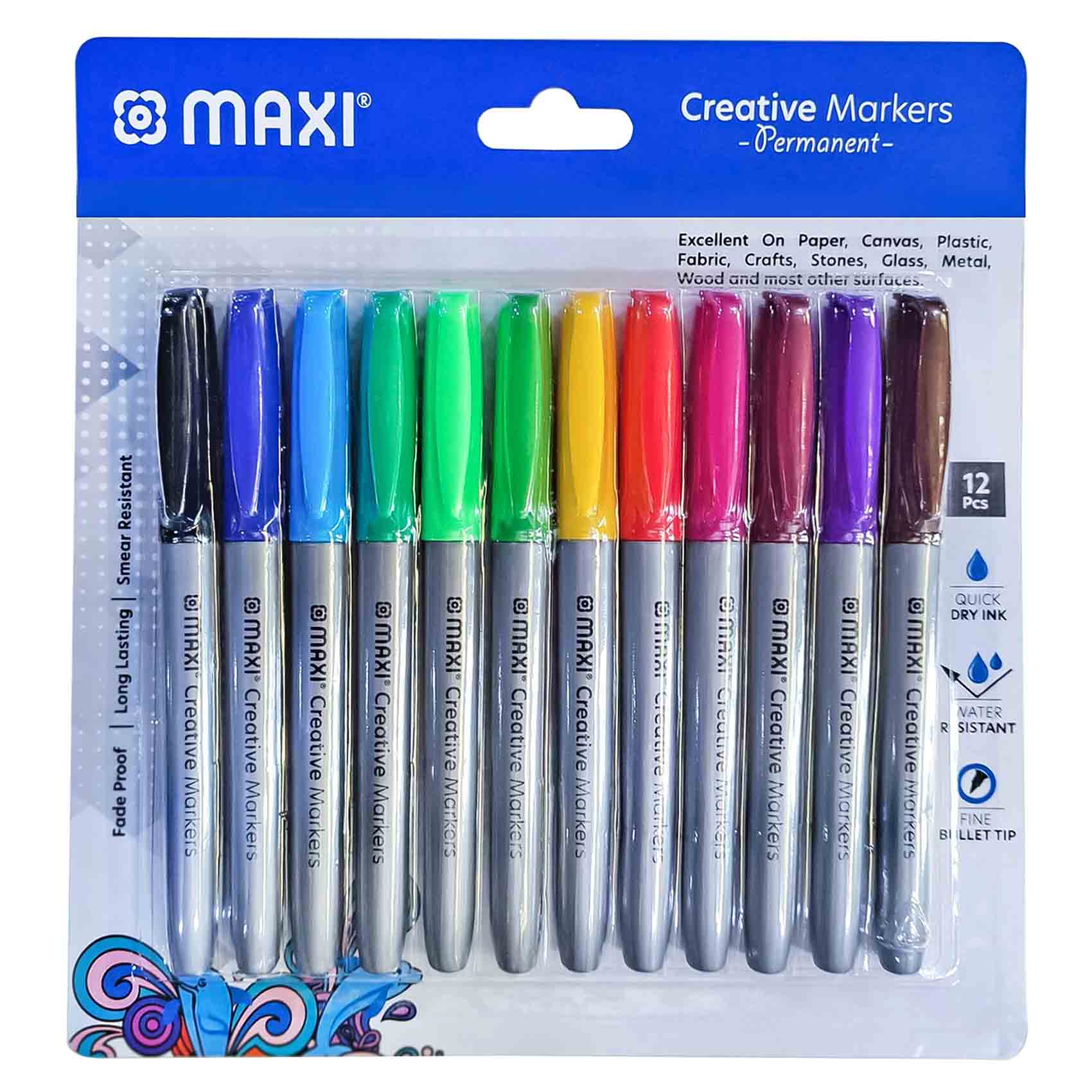 Maxi Creative Bullet Tip Permanent Markers MX-40-12A Multicolour 12 PCS