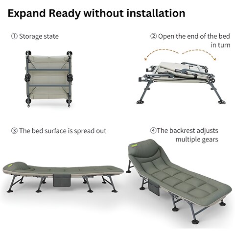 HEXAR&reg; Premium Camping Cot Comfortable Folding Bed 160 KG Capacity 8 Legs Portable Bed 6 Angle Luxury Recliner Lounge Chair Sleeping Mattress Indoor Outdoor Office Lounger Adult Beach Bed (Dark Green)