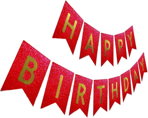 Party Time Red Glitter Birthday Banner, Happy Birthday Flag Banner, Pre-strung Sparkling Silver Letter Party Bunting For Birthday Party Decoration - Party Supplies