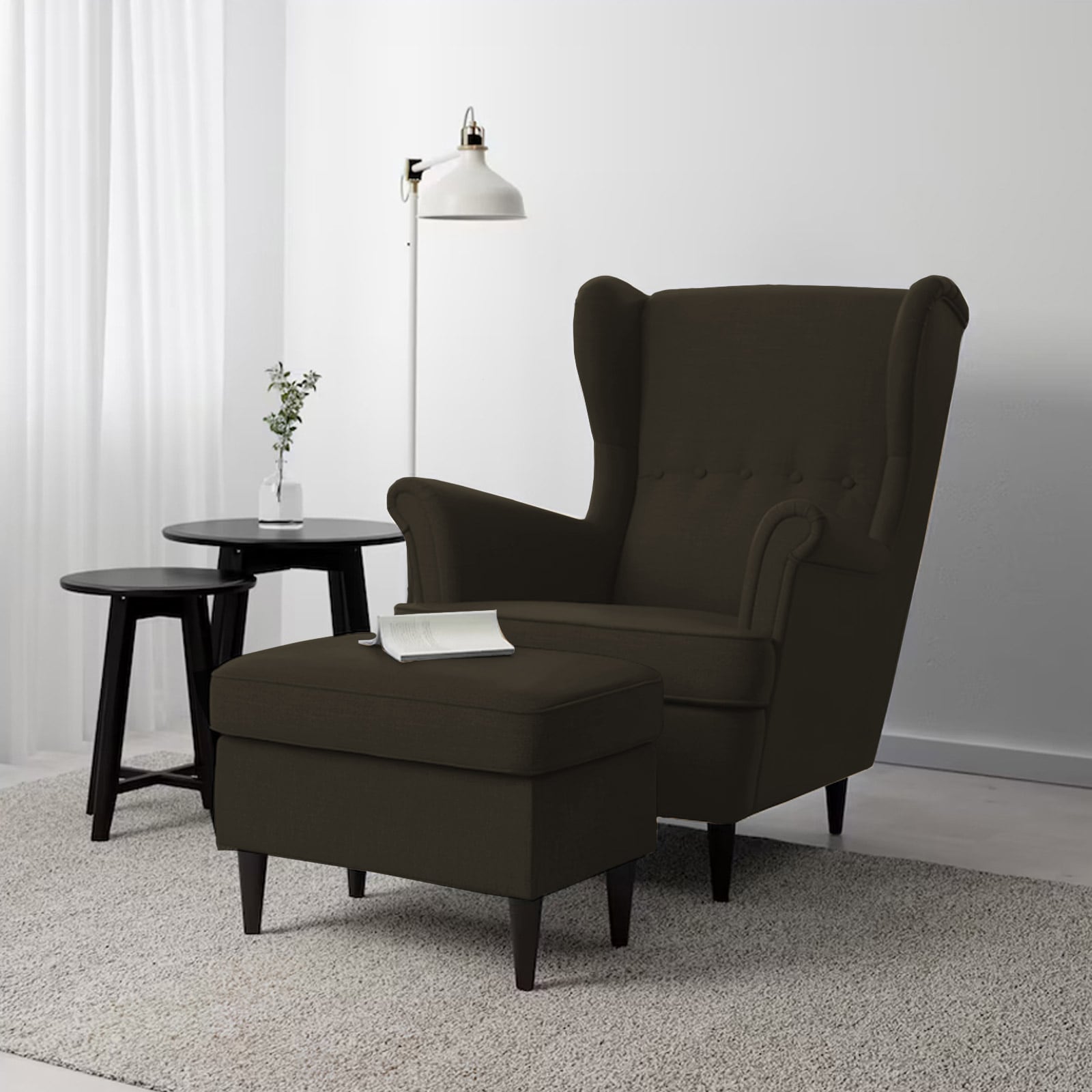 Thumbnail image for In House 2 Pieces Chair King Linen With Two Wings And FootStool - Dark Brown - E3