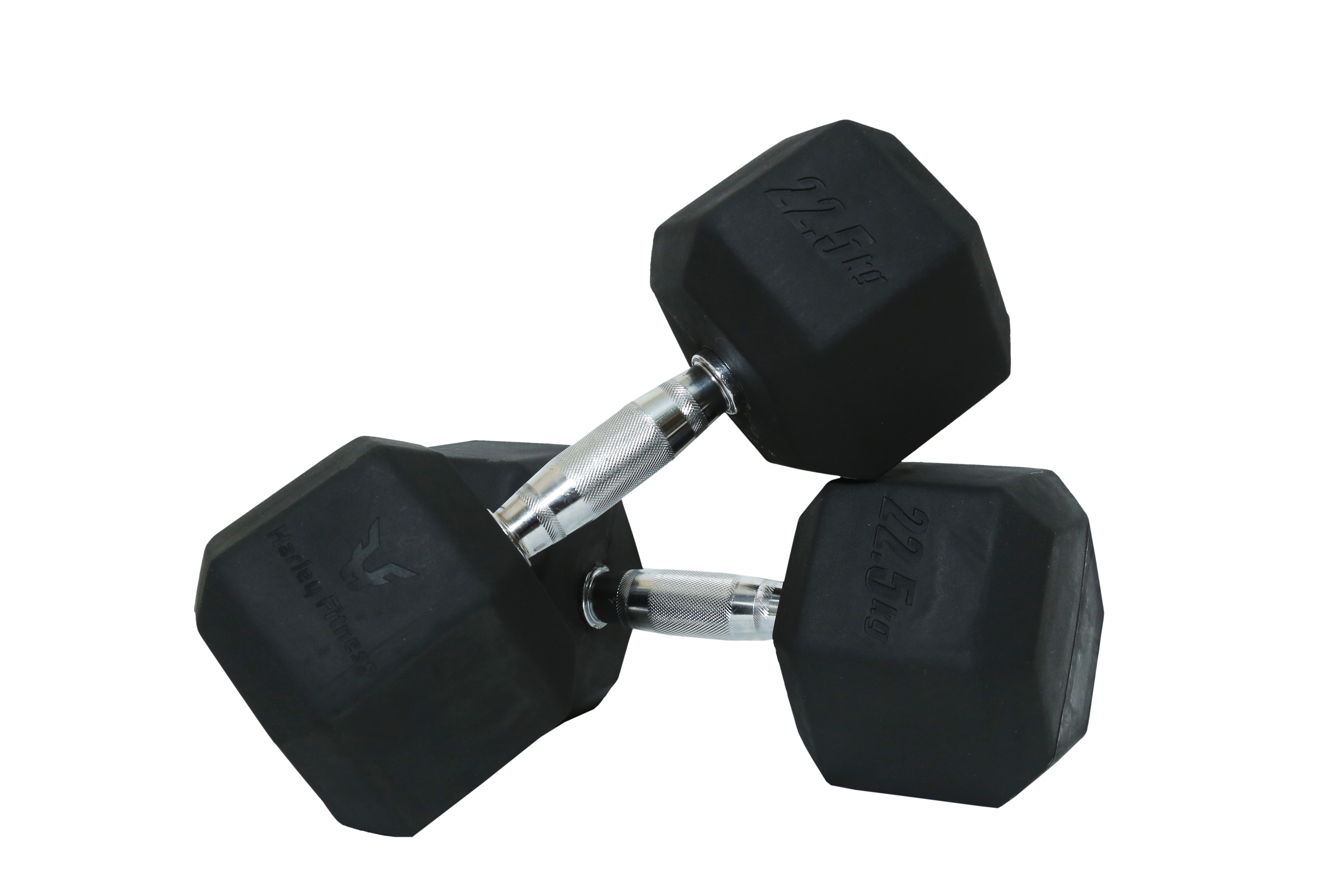 HARLEY FITNESS 22.50KG PREMIUM GUNIUNE RUBBER COATED BOUNCING HEX DUMBBELL - PAIR