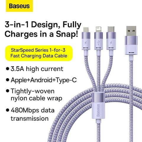 3 in 1 Multi Charging Cable, nylon braided USB to Lightning &amp; USB-C charger for Apple &amp; Android devices. Fast charging for iPhone 14/13/12/11/8/iPad Pro, Samsung. 1.2M Purple.


