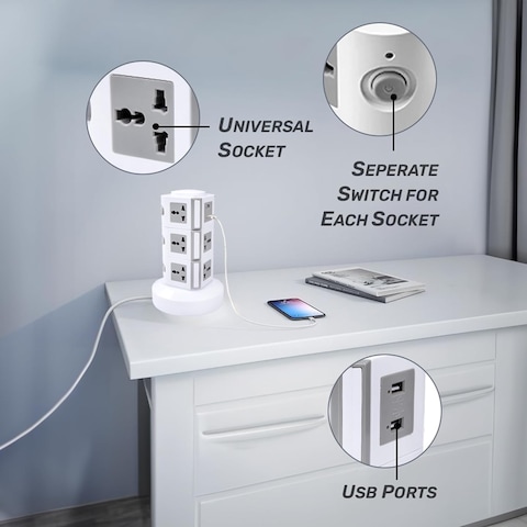 MODI 3 Layers Tower Extension Cord Socket USB Ports