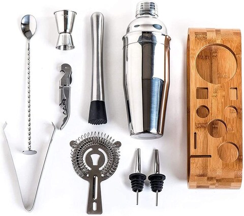 9pcs/Set Cotail Shaker Stainless Steel Bartender Tool Mixer with Stylish Bamboo Stand, Home Bartending Kit and Martini Cotail Shaker Set