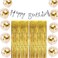 Party Time 13-Pieces Decoration Set With Silver Cursive Happy Birthday Banner, Gold Foil Curtain and 10 Pieces Gold Confetti Balloons - Birthday Deoration Set