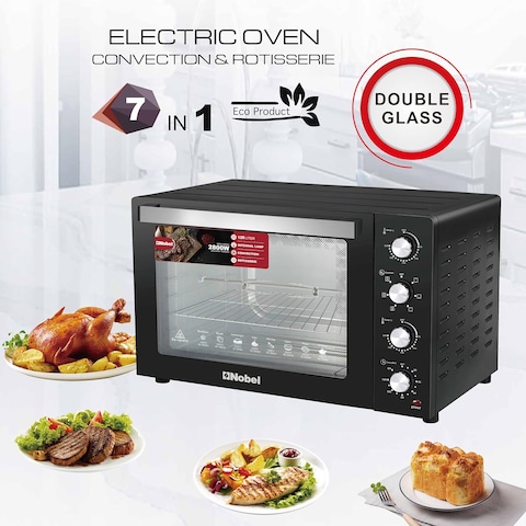 Nobel 7 In 1, 120 Liters Electric Oven With 4 Control Knobs, And Double Glass, 70-250&deg; AdjustableTemperature Control, 120 Min Timer With Bell Ring, 2 M Shape Heating Elements, 2800W NEO135PRO Black