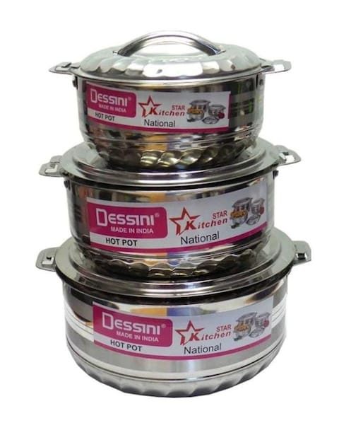 Pack Of 3 Stainless Steel Hotpot Set Silver 1000ml/1500ml/2500ml