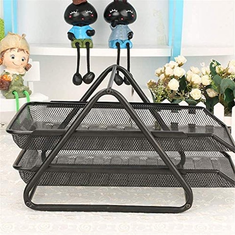 Desk File Organizer Barbed Wire Metal Twolayer File Holder Data Tray File Tray Rustproof Magazine Bar Black Desk File Organiser File Holder Color  Black Size  350x302x190mm