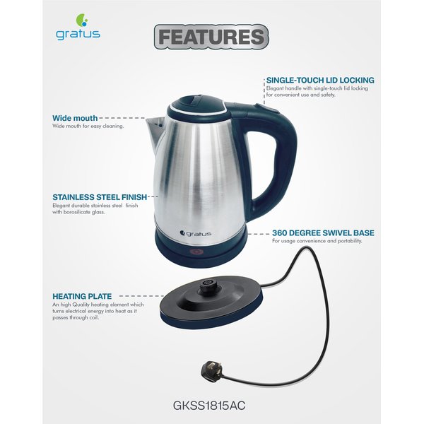 Gratus Electric Kettle 1.8 L Stainless Steel 360&deg; Cordless GKSS1815AC