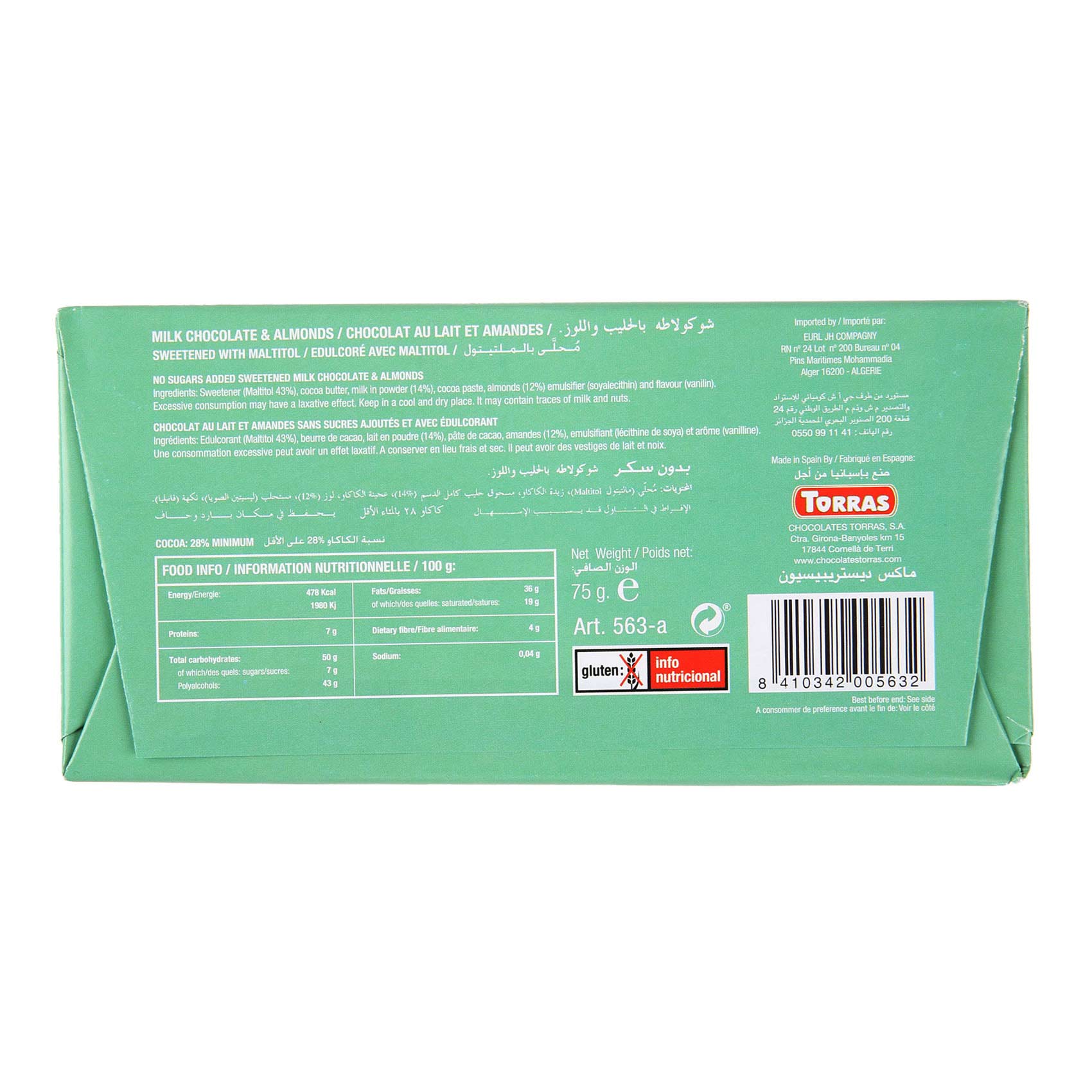 Torras Milk Chocolate And Almonds Sugar Free 75 Gram product thumbnail 2