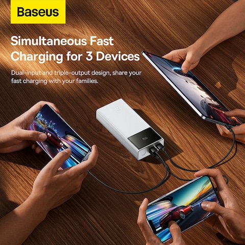Baseus 30000.0 mAh Portable Charger Power Bank 30000mAh, 22.5W QC 3.0 PD 20W USB 3-Port 3A Fast Charging Charger C Battery Pack, Smart LED Display Phone for iPhone Series, Samsung, Android etc,  White
