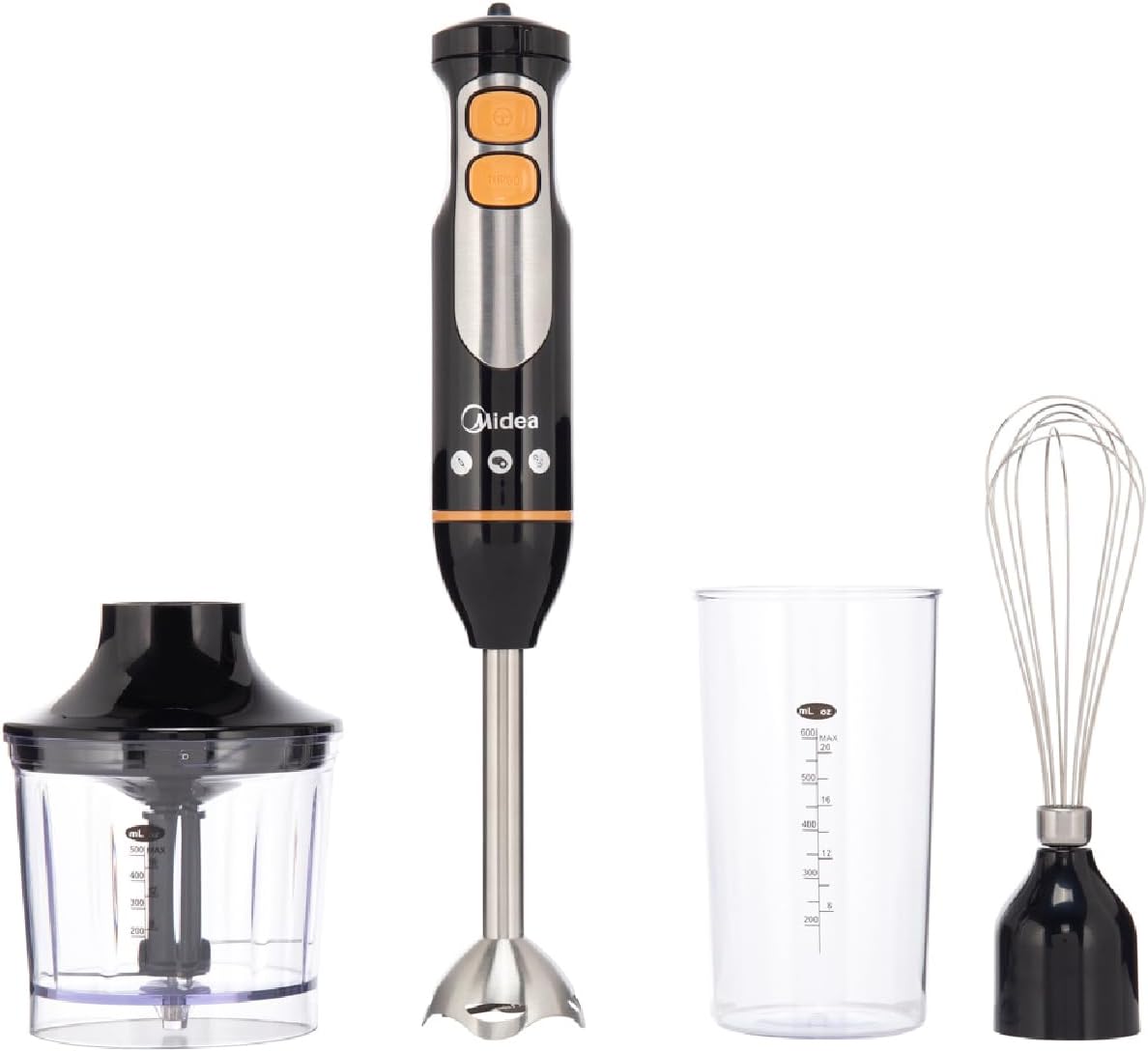 Midea 4-In-1 Hand Blender Chopper &amp; Whisk, Multifunctional Blender With Stainless Steel Blade, 600W Powerful, DC Motor, Low Noise, Variable Speed For Soups-Smoothie-Chopping, Turbo Speed MJBH6001W